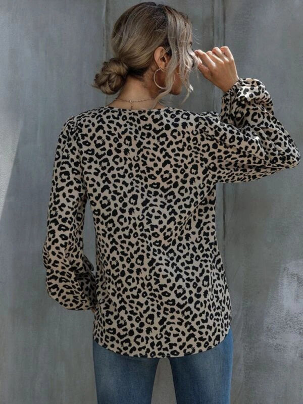 Leopard Print Puff Sleeve V-Neck Blouse