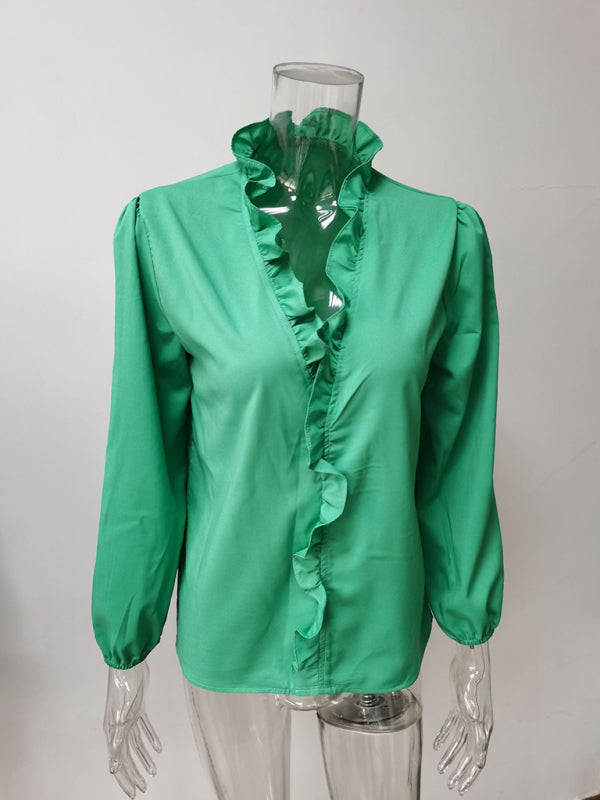 Ruffled V-Neck Long Sleeve Blouse for Women