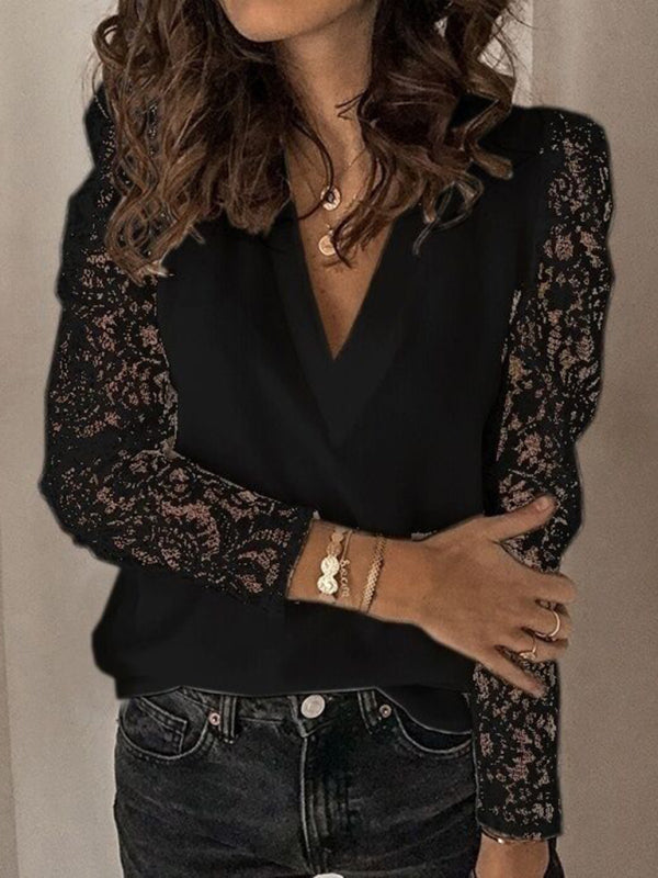Lace Panel Slim Fit Long Sleeve Blouse