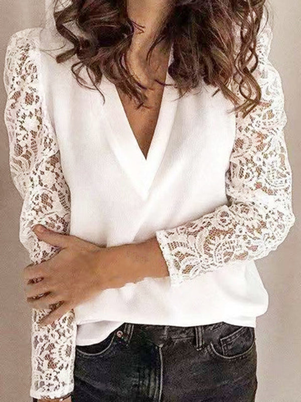 Lace Panel Slim Fit Long Sleeve Blouse