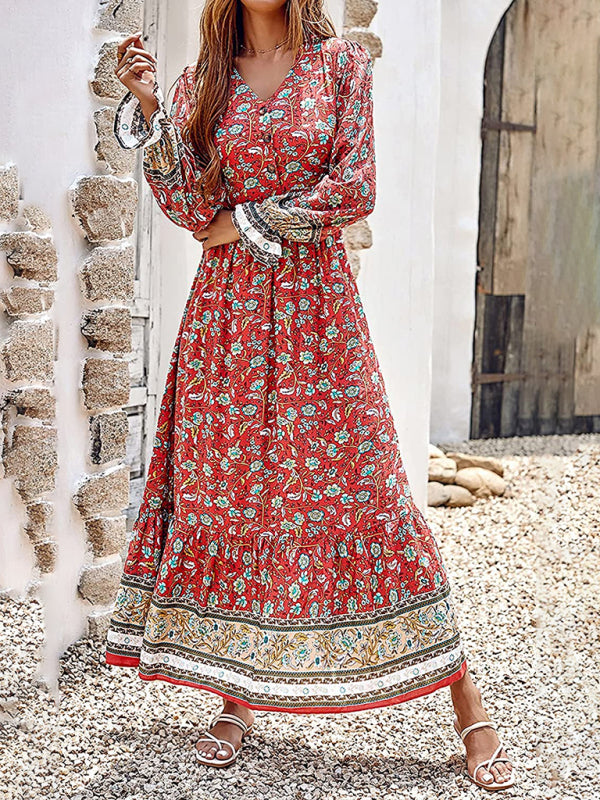 Bohemian V-Neck Long Sleeve Swing Maxi Dress – Elastic Waist, Autumn Style