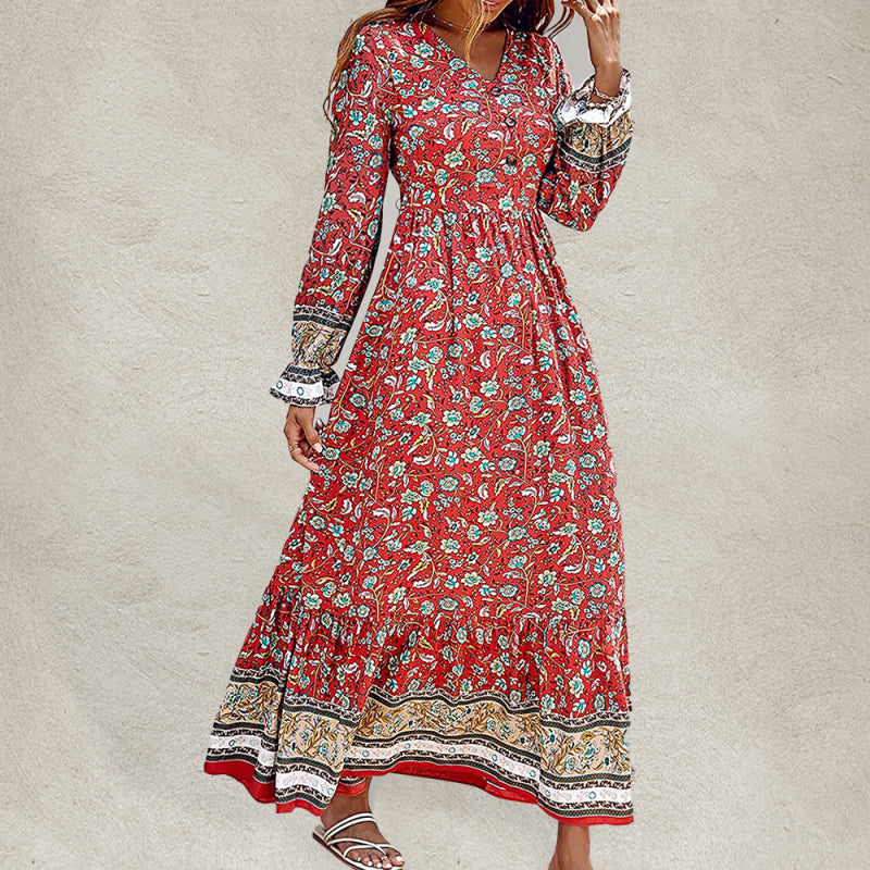 Bohemian V-Neck Long Sleeve Swing Maxi Dress – Elastic Waist, Autumn Style