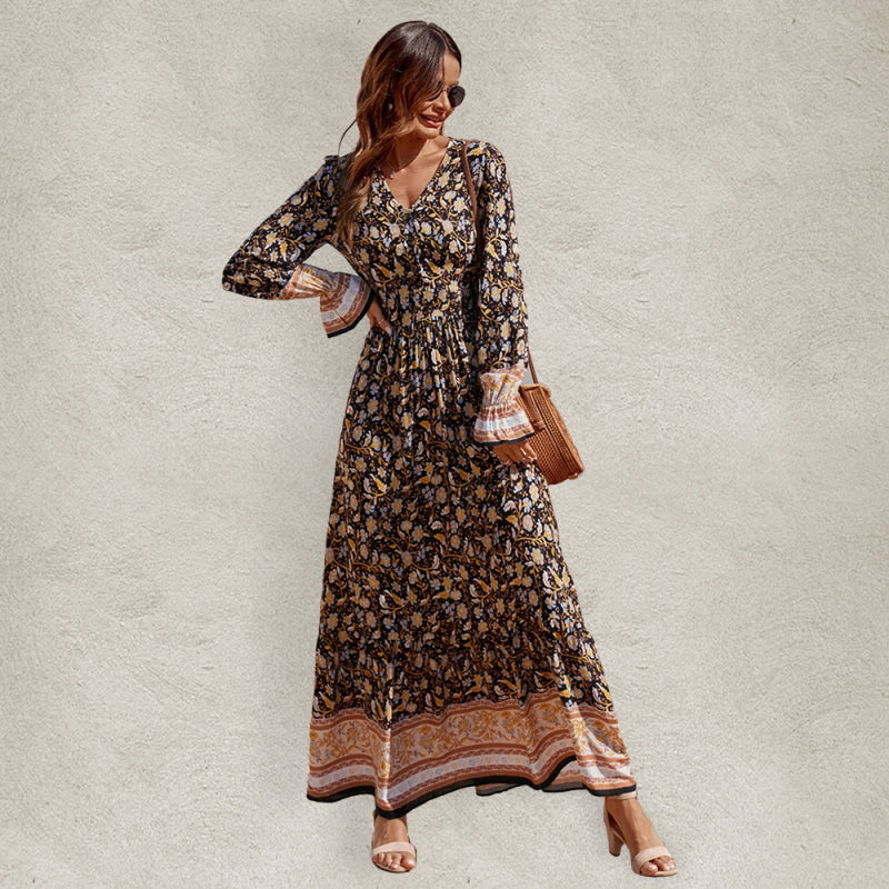 Bohemian V-Neck Long Sleeve Swing Maxi Dress – Elastic Waist, Autumn Style
