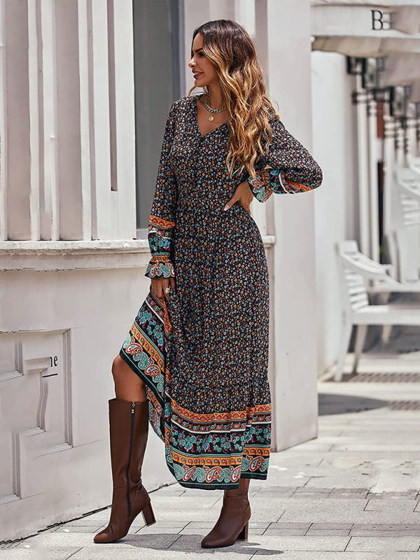 Bohemian V-Neck Long Sleeve Swing Maxi Dress – Elastic Waist, Autumn Style