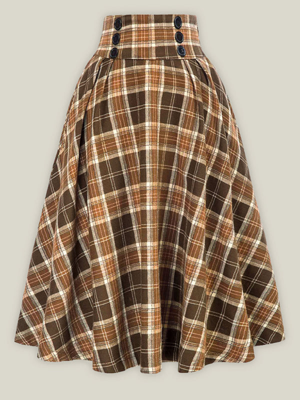 Plaid Wool-Blend Swing Skirt with Button Waist