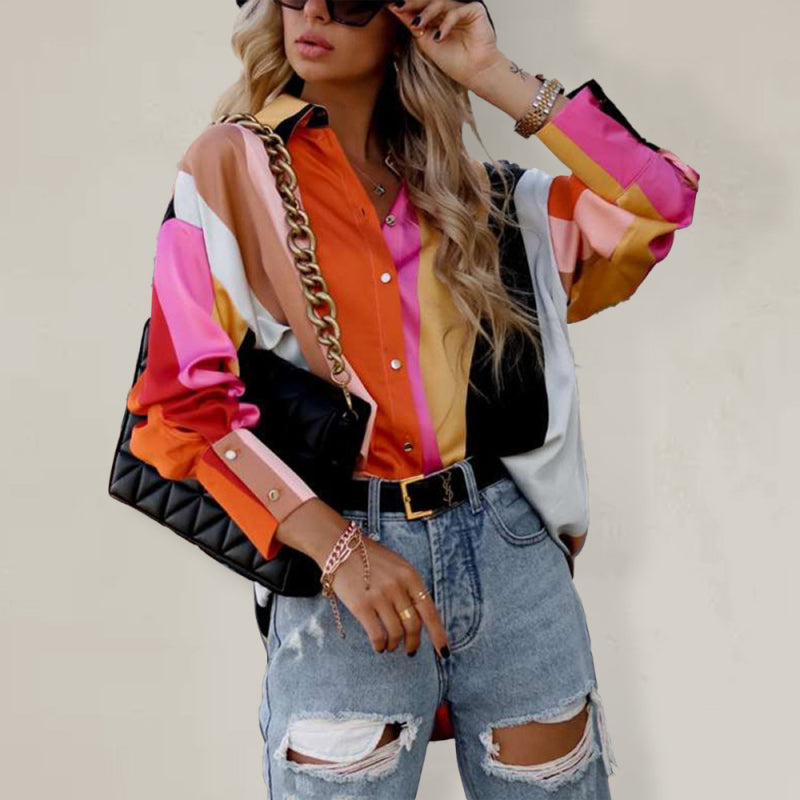 Women's Printed Lantern Sleeve Button-Up Shirt Printing 4