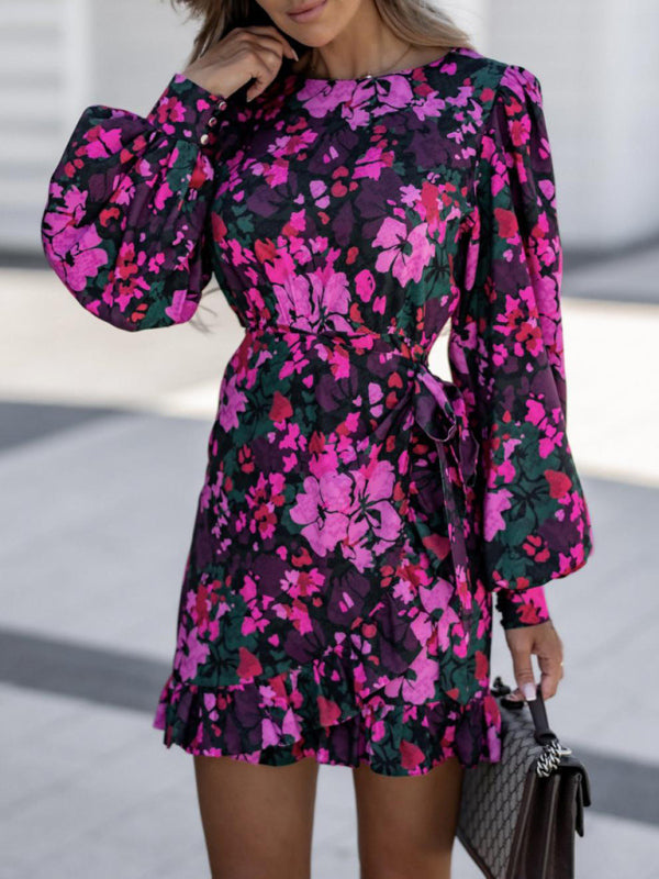 Printed Tie Waist Long Sleeve Dress – Round Neck, Woven Fabric