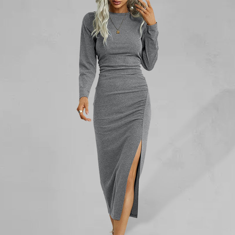 Slim Long Sleeve Slit Midi Dress – Solid Color, Round Neck, Knit Fabric