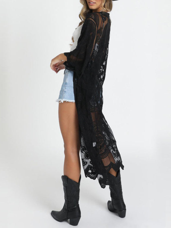 Embroidered Lace Bikini Set with Sheer Mesh Cardigan Cover-Up