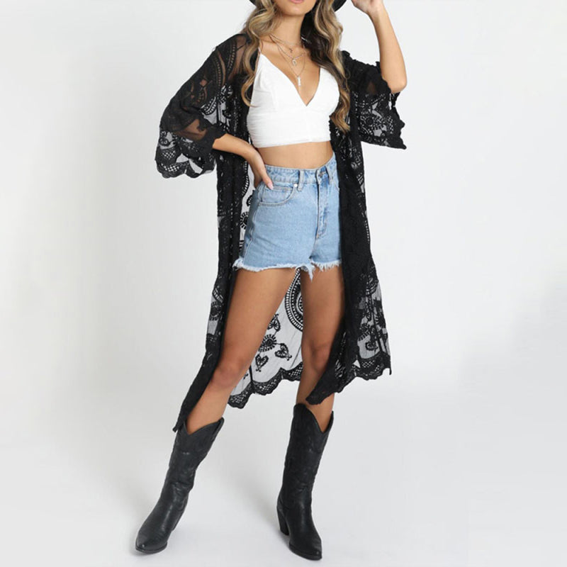 Embroidered Lace Bikini Set with Sheer Mesh Cardigan Cover-Up