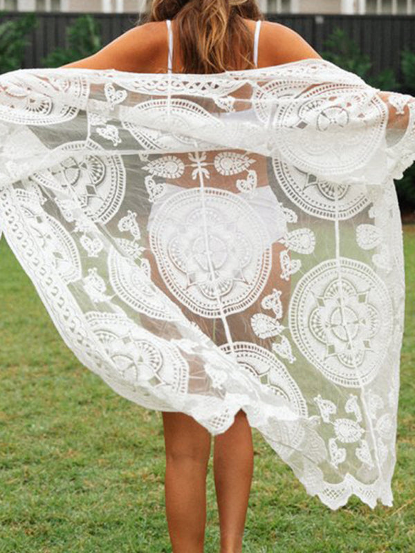 Embroidered Lace Bikini Set with Sheer Mesh Cardigan Cover-Up