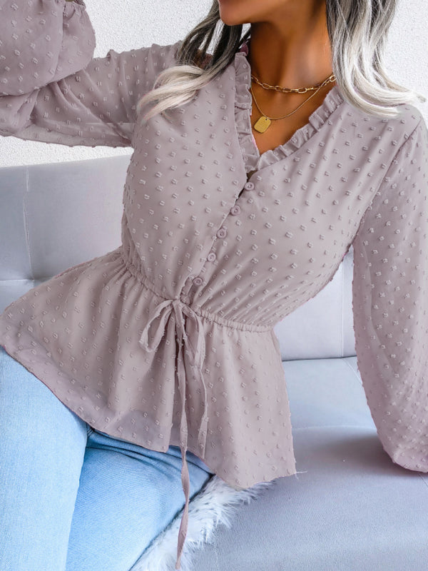 Polka Dot Chiffon Ruffle Blouse – Tie Waist