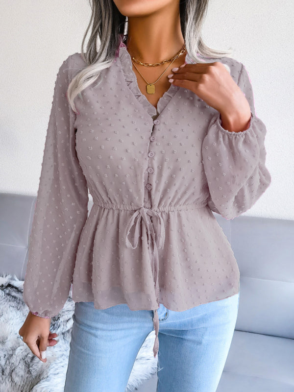 Polka Dot Chiffon Ruffle Blouse – Tie Waist