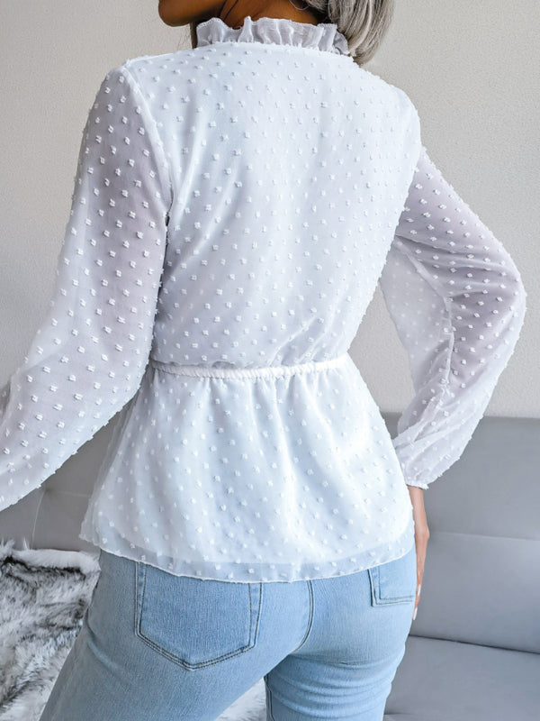 Polka Dot Chiffon Ruffle Blouse – Tie Waist