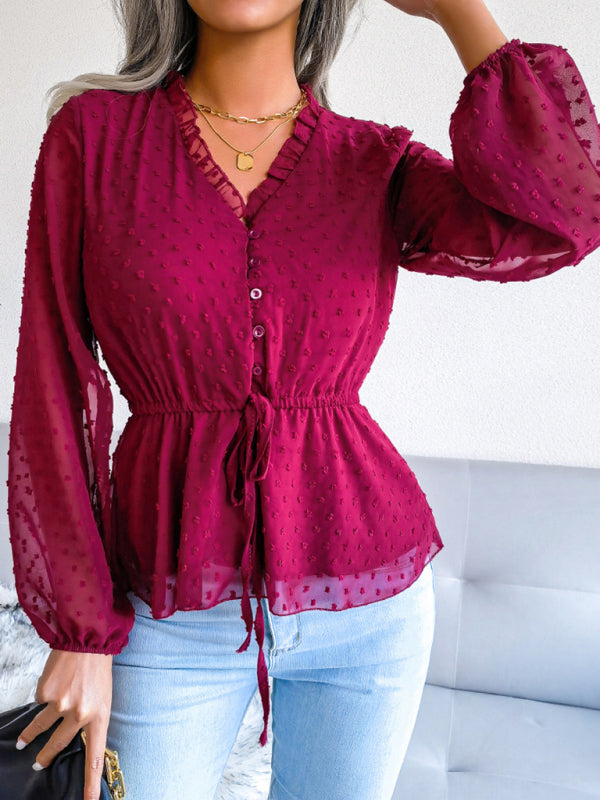 Polka Dot Chiffon Ruffle Blouse – Tie Waist