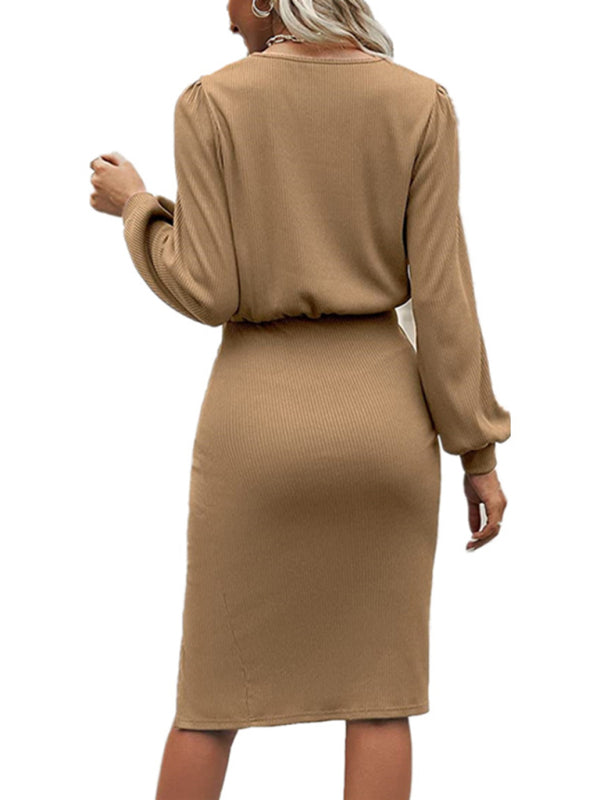 Knit Lantern Sleeve Waist-Cinched Midi Dress with Side Slit – Cotton Blend