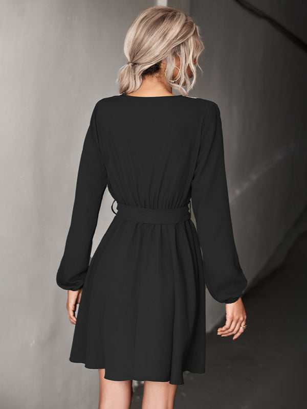 Lace Deep V-Neck Long Sleeve Dress – Elegant Casual Style, No-Stretch Fit