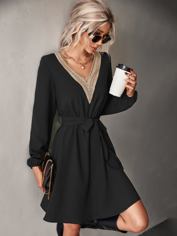 Lace Deep V-Neck Long Sleeve Dress – Elegant Casual Style, No-Stretch Fit