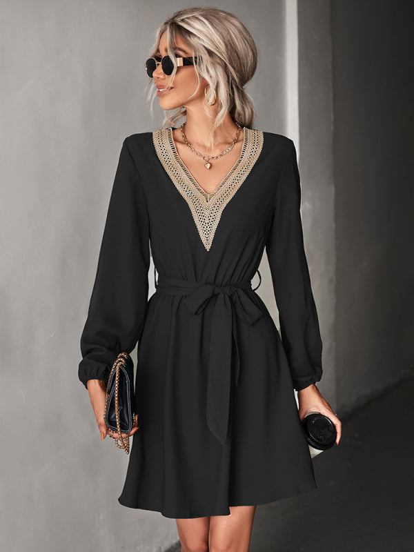 Lace Deep V-Neck Long Sleeve Dress – Elegant Casual Style, No-Stretch Fit