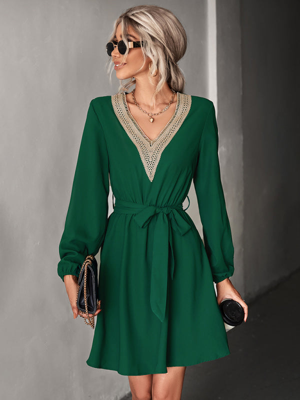 Lace Deep V-Neck Long Sleeve Dress – Elegant Casual Style, No-Stretch Fit