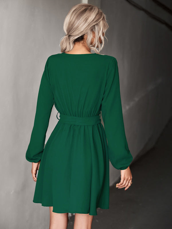 Lace Deep V-Neck Long Sleeve Dress – Elegant Casual Style, No-Stretch Fit