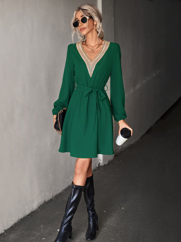 Lace Deep V-Neck Long Sleeve Dress – Elegant Casual Style, No-Stretch Fit