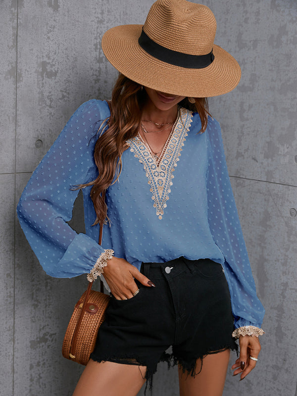 Chiffon Lace Long Sleeve V-Neck Blouse
