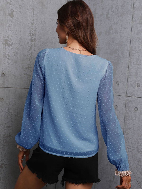 Chiffon Lace Long Sleeve V-Neck Blouse
