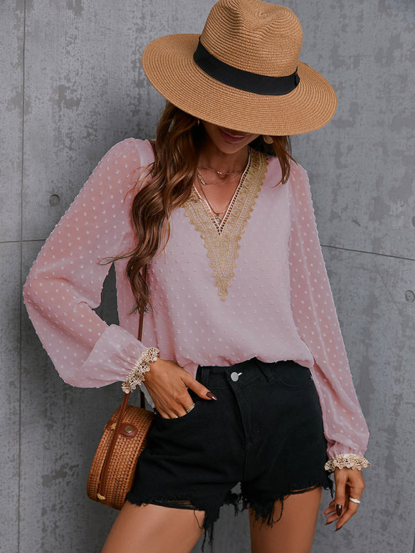 Chiffon Lace Long Sleeve V-Neck Blouse