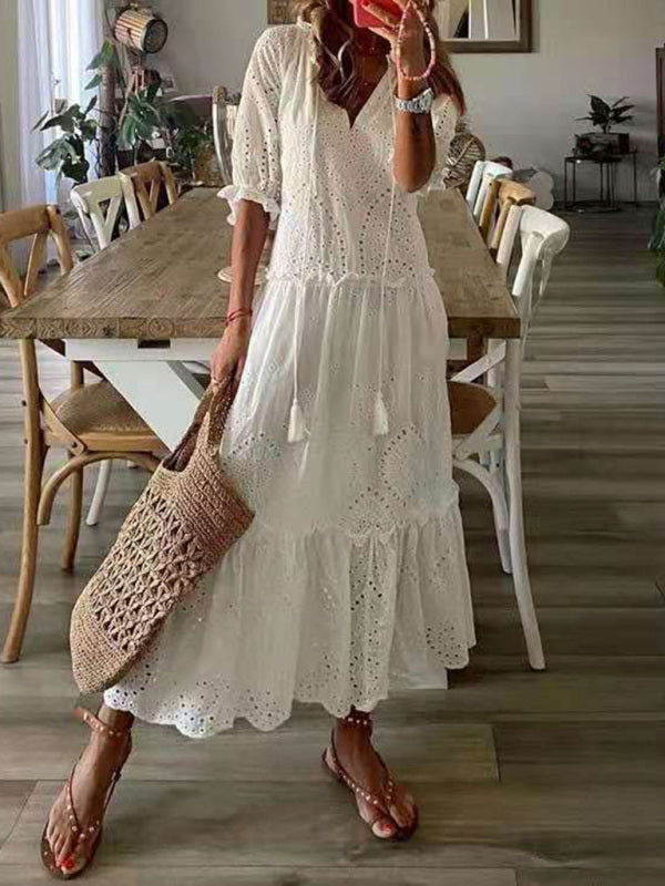 Solid V-Neck Midi Dress – Soft Stretch Knit, Graceful Style, All-Season Wear