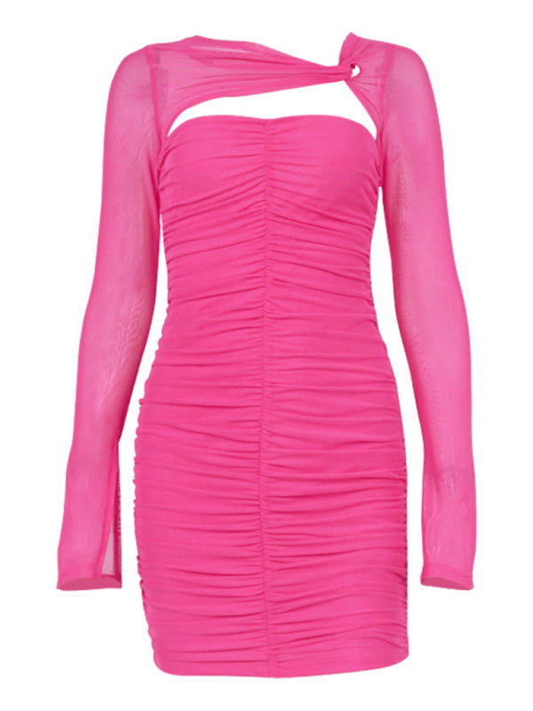 Mesh Pleated Long-Sleeve Bodycon Dress with Cut-Out Chest Detail