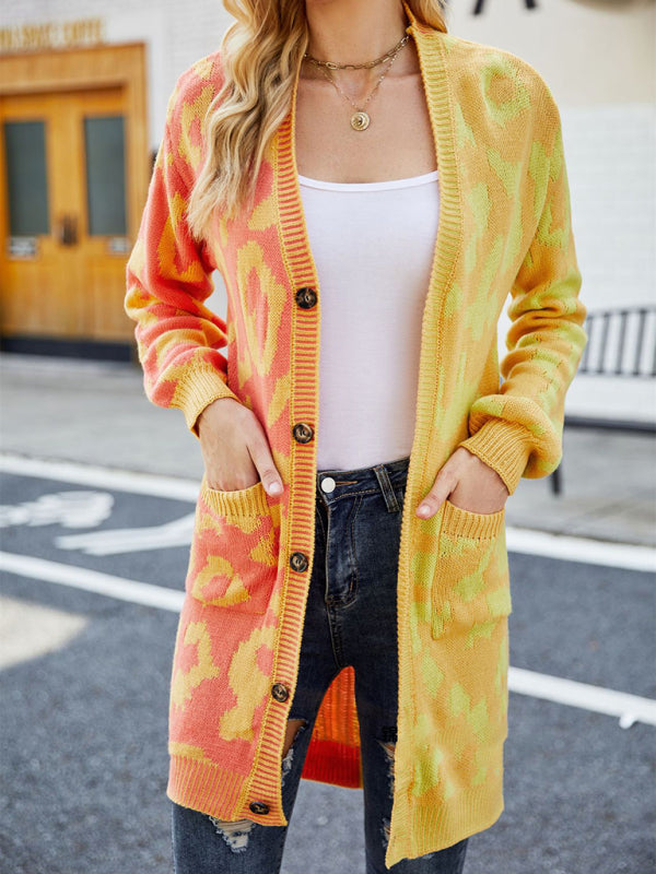 Leopard Print Knit Cardigan for Women Yellow