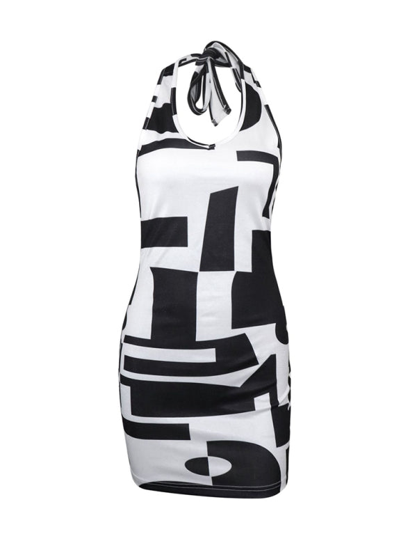 Contrasting Color Halter Neck Backless Mini Dress – Sleek & Sexy Fit