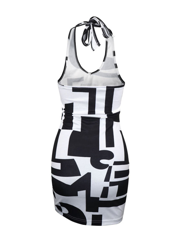 Contrasting Color Halter Neck Backless Mini Dress – Sleek & Sexy Fit