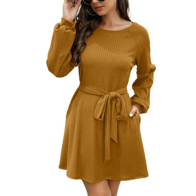 mid-length-solid-color-belted-dress-–-round-neck-knit-polyestersmiling-maria---everything-for-women-34656694