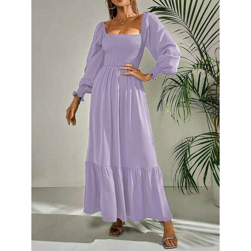 فستان ماكسي بأكتاف مكشوفة وياقة مربعة – أنيق من البوليستر المنسوج لجميع المواسم ابتسامة ماريا - كل شيء للنساء 34650014