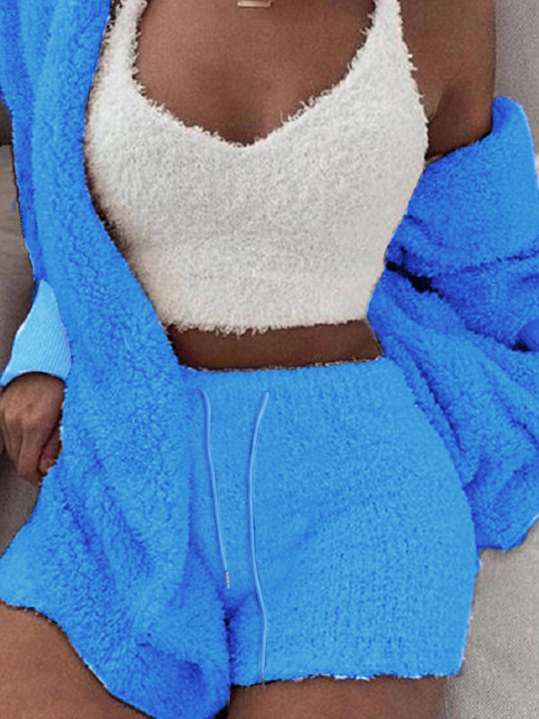 Plush Cotton 3-Piece Lounge Pajama Set – Long Sleeve, Cropped Vest & Shorts