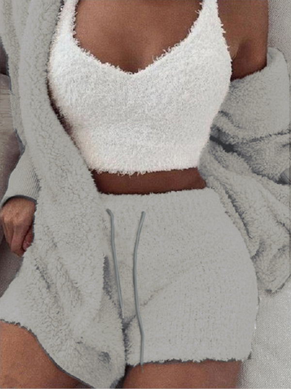Plush Cotton 3-Piece Lounge Pajama Set – Long Sleeve, Cropped Vest & Shorts