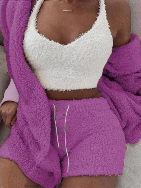 Plush Cotton 3-Piece Lounge Pajama Set – Long Sleeve, Cropped Vest & Shorts