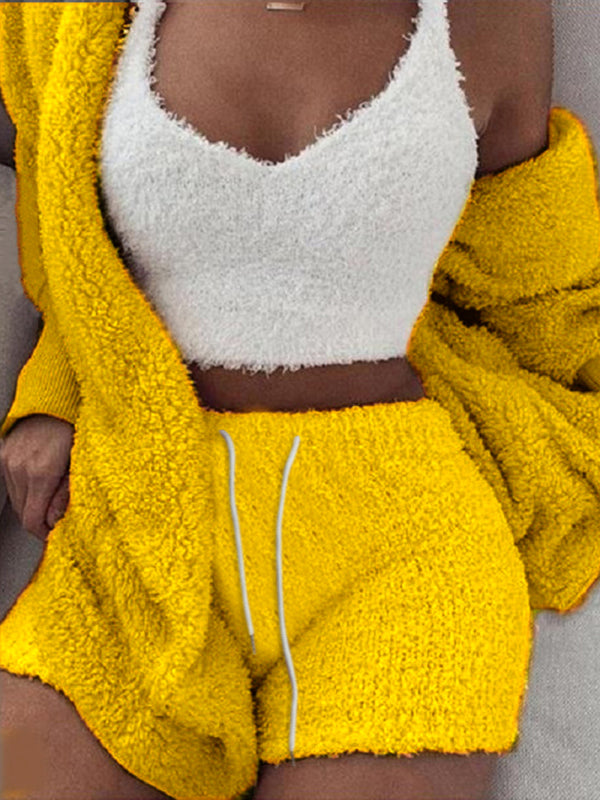 Plush Cotton 3-Piece Lounge Pajama Set – Long Sleeve, Cropped Vest & Shorts