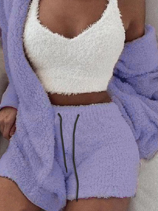Plush Cotton 3-Piece Lounge Pajama Set – Long Sleeve, Cropped Vest & Shorts