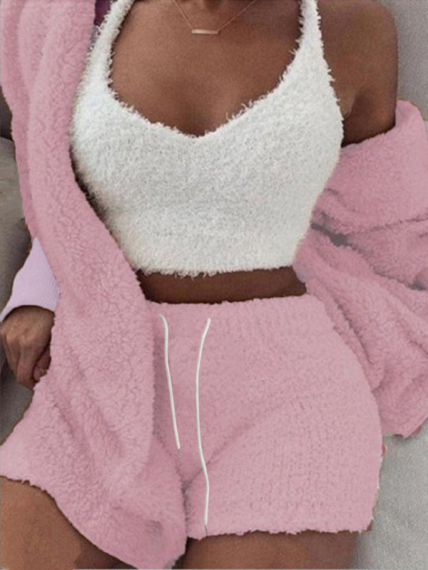 Plush Cotton 3-Piece Lounge Pajama Set – Long Sleeve, Cropped Vest & Shorts