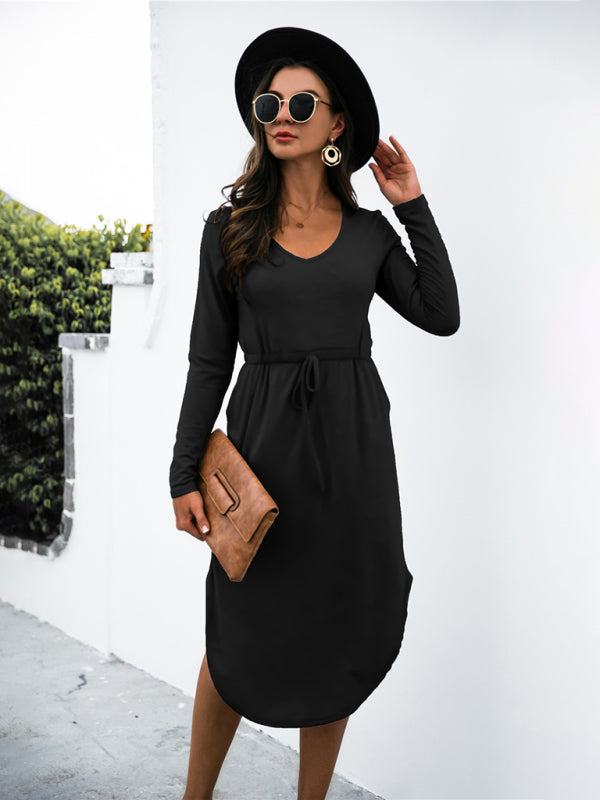 V-Neck Long Sleeve Tie Slit Midi Dress
