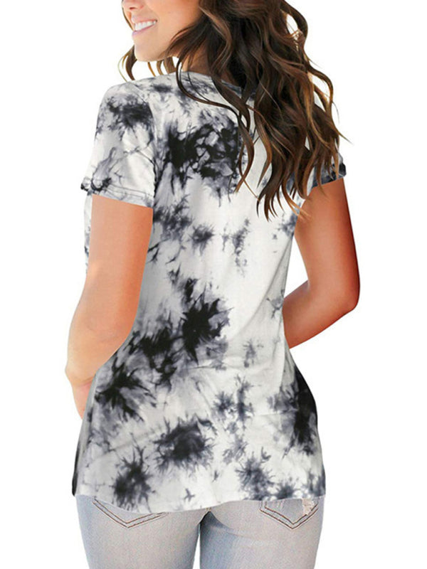 Women's wear European and American street trendsetter pullover tie dyed V-neck women's T-shirt women