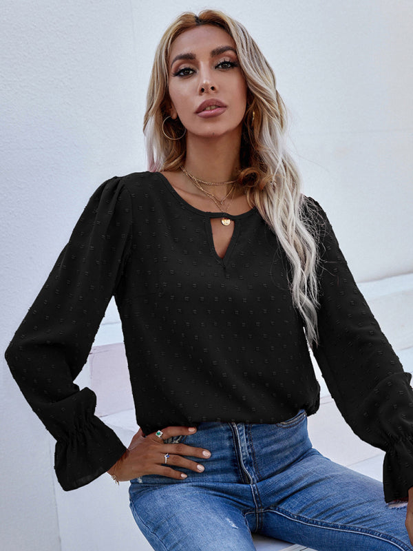 Women's Jacquard Polka Dot Long Sleeve Blouse