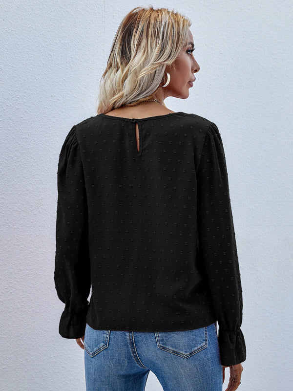 Women's Jacquard Polka Dot Long Sleeve Blouse