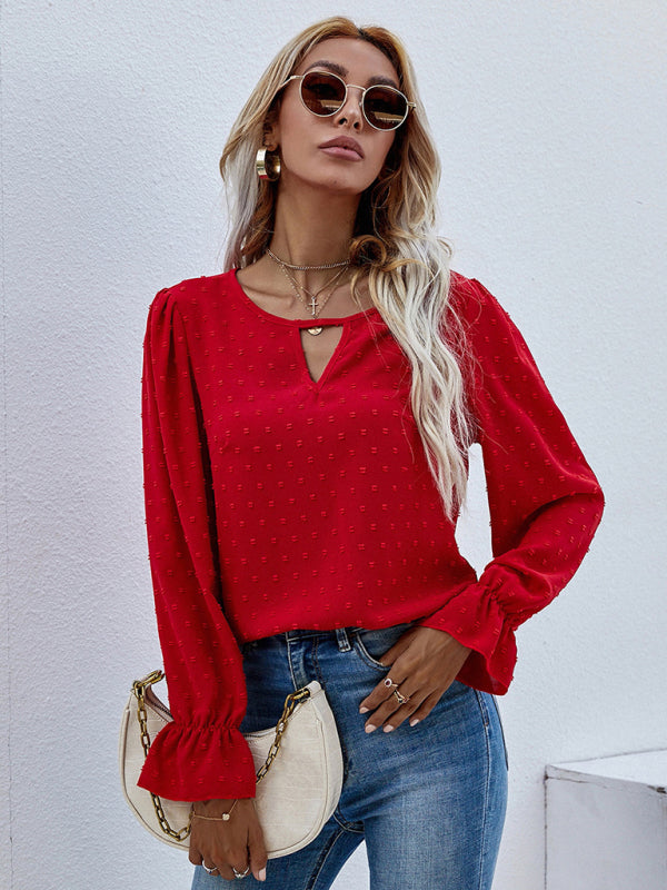 Women's Jacquard Polka Dot Long Sleeve Blouse