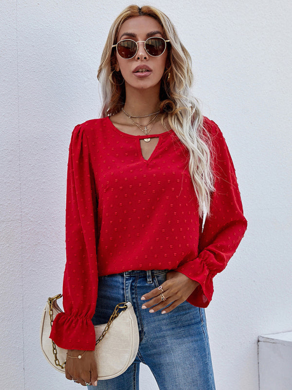 Women's Jacquard Polka Dot Long Sleeve Blouse