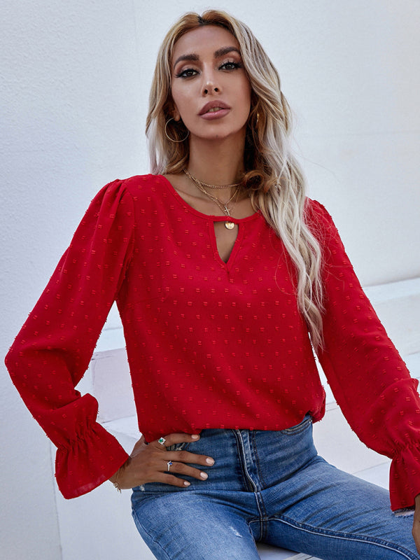 Women's Jacquard Polka Dot Long Sleeve Blouse