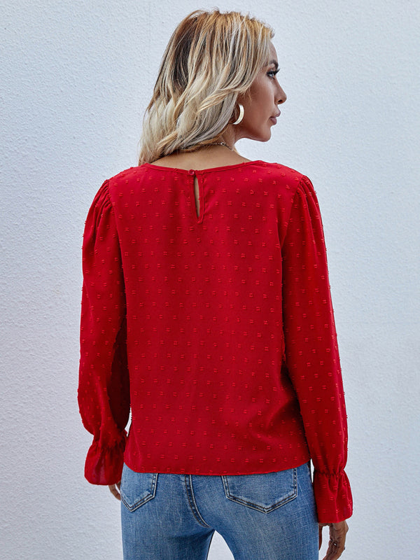 Women's Jacquard Polka Dot Long Sleeve Blouse